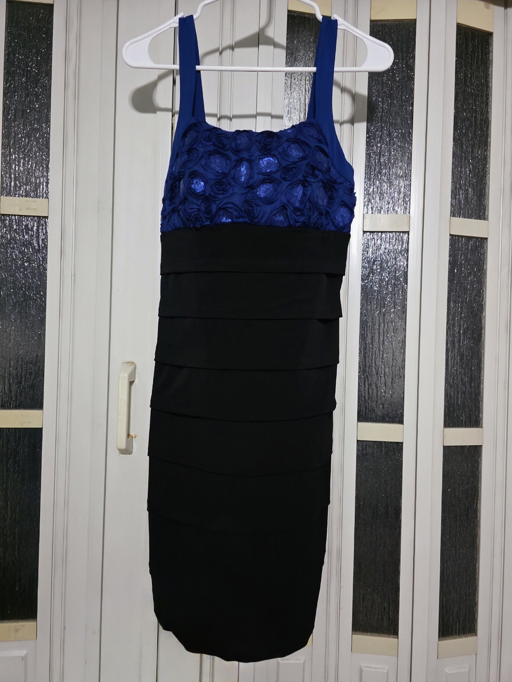 Enfocus Studio Royal Blue and Black Tiered Rosette Midi Dress